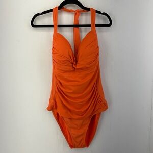 Liz Claiborne Orange Ruched Twist Front Halter One Piece Swimsuit 20W Slimming